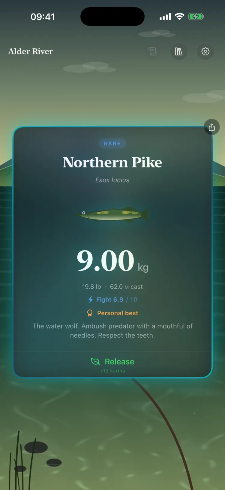 A catch card for a rare Northern Pike weighing 9 kilograms with fight rating and a release button.